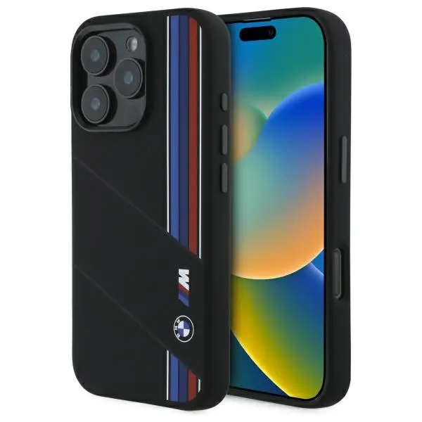 Etui BMW Silicone Cut Tricolor Lines MagSafe do iPhone 16 Pro Max Czarny