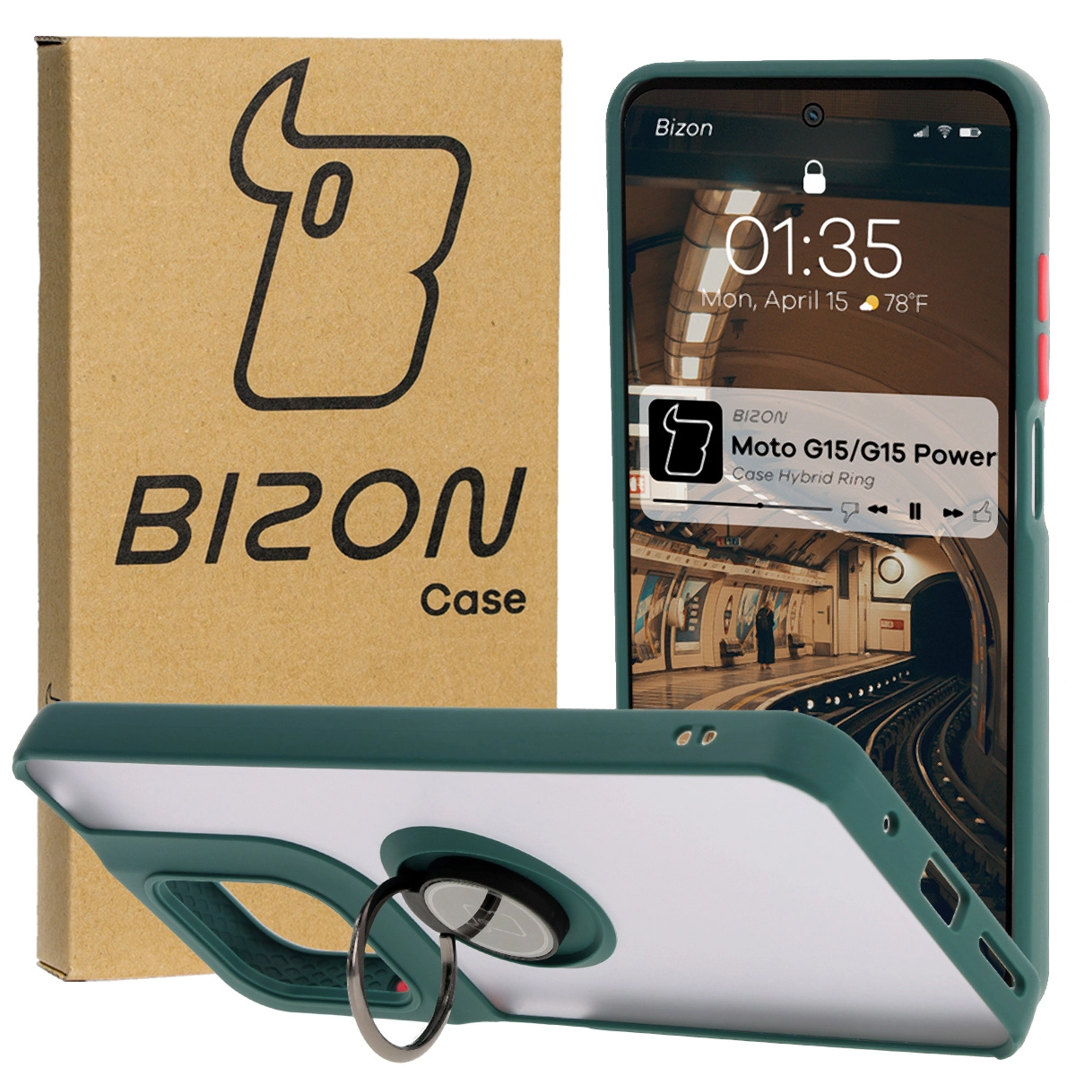 Etui Bizon z uchwytem na palec Hybrid Ring do Motorola Moto G15 / G15 Power Przydymione z ciemnozieloną ramką
