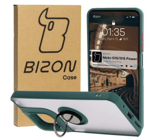 Bizon z uchwytem na palec Hybrid Ring do Motorola Moto G15 / G15 Power Przydymione z ciemnozieloną ramką