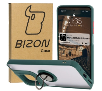 Etui Bizon z uchwytem na palec Hybrid Ring do Motorola Moto G15 / G15 Power Przydymione z ciemnozieloną ramką
