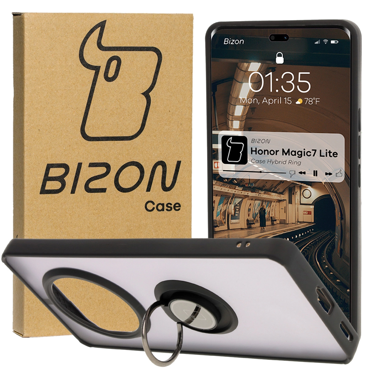 Etui Bizon z uchwytem na palec Hybrid Ring do Honor Magic7 Lite Przydymione z czarną ramką