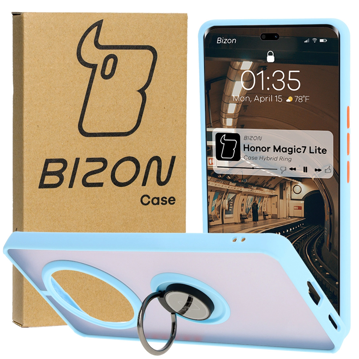 Etui Bizon z uchwytem na palec Hybrid Ring do Honor Magic7 Lite Przydymione z jasnoniebieską ramką