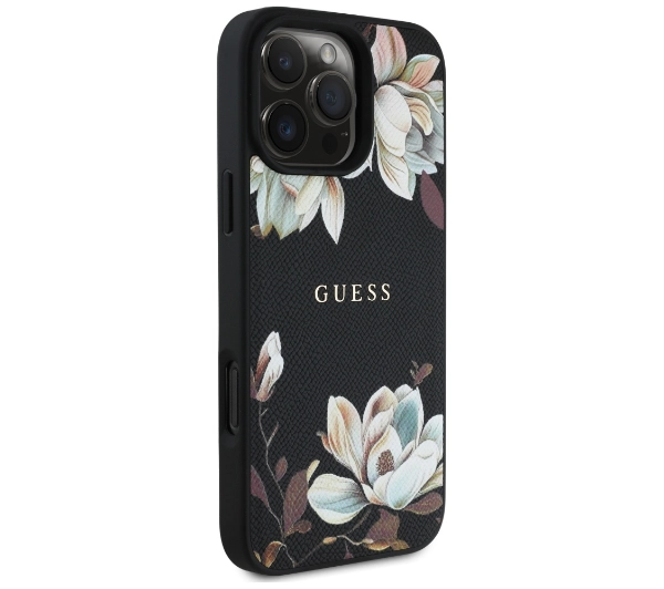 Guess Grained Printed Flower Pattern MagSafe do iPhone 16 Pro Max Czarny