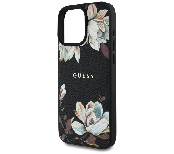 Guess Grained Printed Flower Pattern MagSafe do iPhone 16 Pro Max Czarny