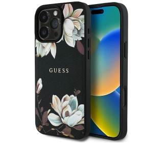 Guess Grained Printed Flower Pattern MagSafe do iPhone 16 Pro Max Czarny