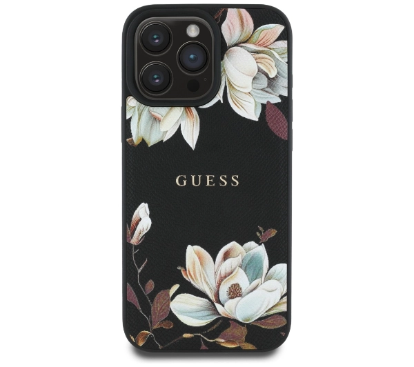 Guess Grained Printed Flower Pattern MagSafe do iPhone 16 Pro Max Czarny