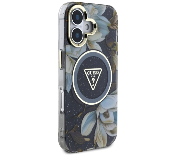 Guess Glitter Flowers Triangle Buttons MagSafe do iPhone 16 Czarny