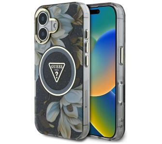 Etui Guess Glitter Flowers Triangle Buttons MagSafe do iPhone 16 Czarny