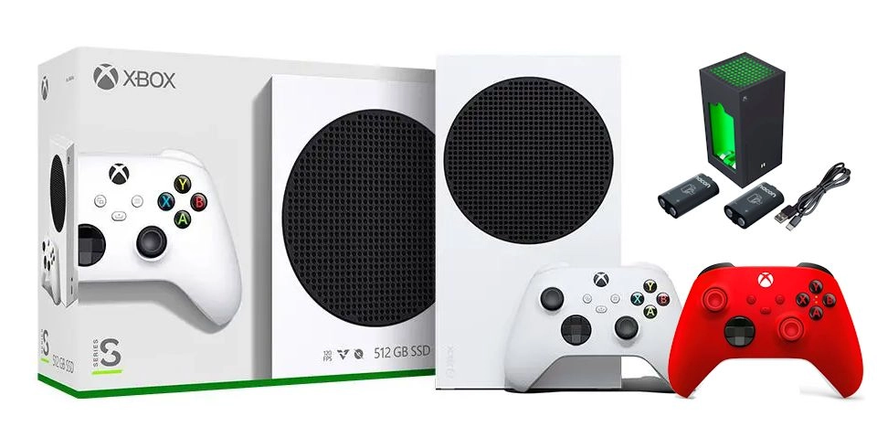 Konsola Xbox Series S 512GB + Dodatkowy Pad Czerwony + Ładowarka Nacon XSX Battery Box