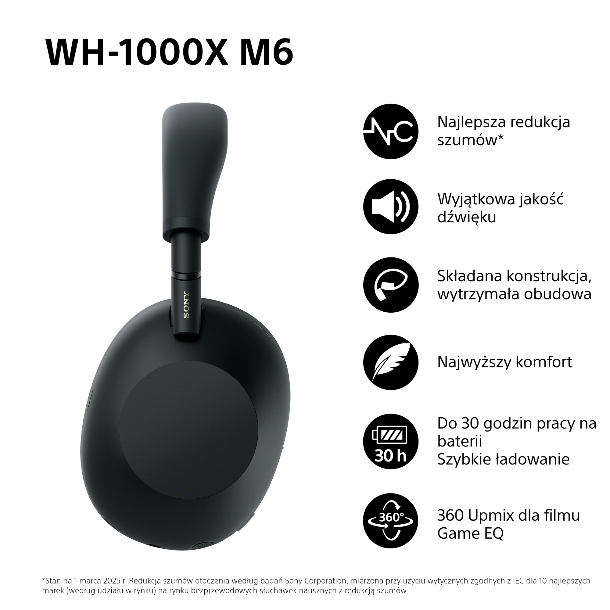 Słuchawki bezprzewodowe Sony WH-1000XM6 ANC Nauszne Bluetooth 5.3 Czarny