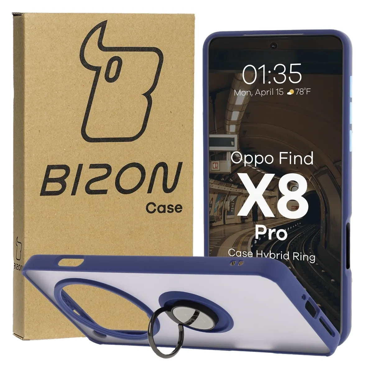 Etui Bizon z uchwytem na palec Hybrid Ring do Oppo Find X8 Pro przydymione z Granatową ramką