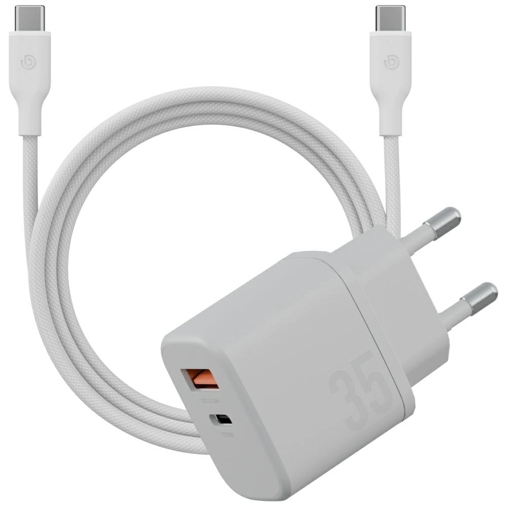 Ładowarka sieciowa Energea Bazic Goport Velox Kit 1xUSB-C 1xUSB-A GaN 35W z kablem plecionym Biały