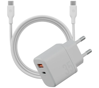 Energea Bazic Goport Velox Kit 1xUSB-C 1xUSB-A GaN 35W z kablem plecionym Biały
