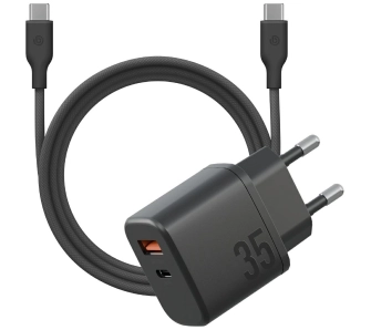 Ładowarka sieciowa Energea Bazic Goport Velox Kit 1xUSB-C 1xUSB-A GaN 35W z kablem plecionym Czarny