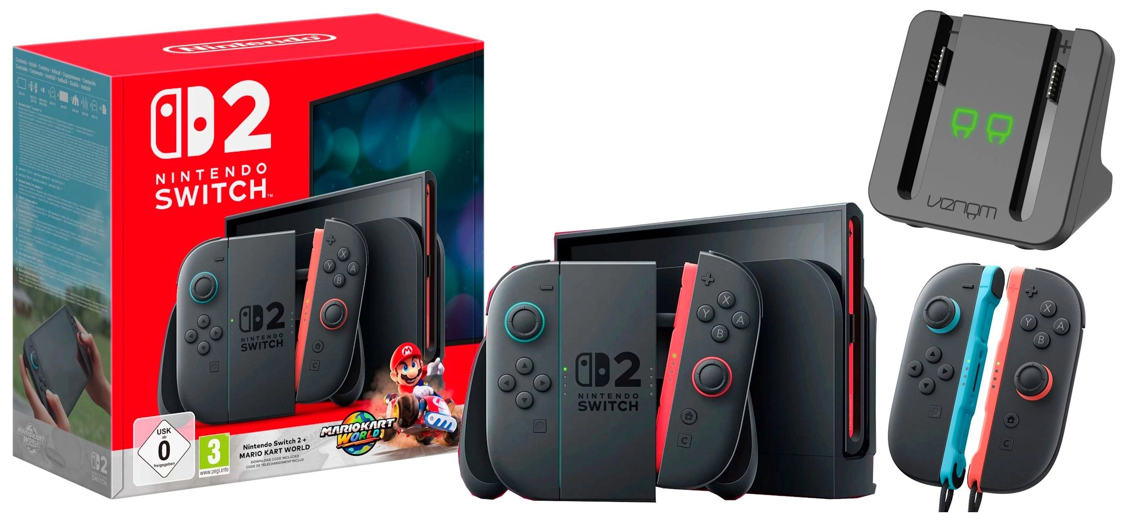 Konsola Nintendo Switch 2 Joy-Con Czarny + Mario Kart World + Joy-Con 2 Pair (2szt) + Ładowarka Venom VS4932