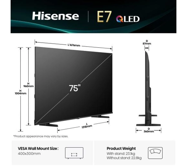 Hisense 75E7Q  75" QLED 4K Smart TV Funkcje AI Dolby Vision Dolby Atmos HDMI 2.1 DVB-T2 - Kup na Raty - RRSO 0%