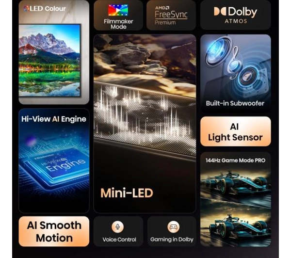 Hisense 55E8Q 55" ULED MiniLED 4K 144Hz Smart TV Funkcje AI Dolby Vision Dolby Atmos HDMI 2.1 DVB-T2 - Kup na Raty - RRSO 0%