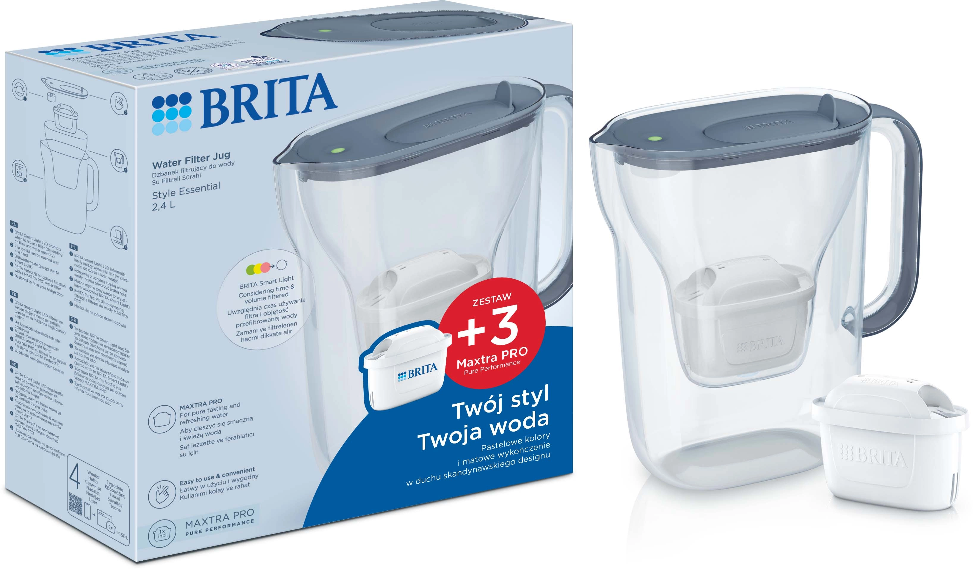 Dzbanek filtrujący Brita Style Essential 2,4l 3 wkłady Szary