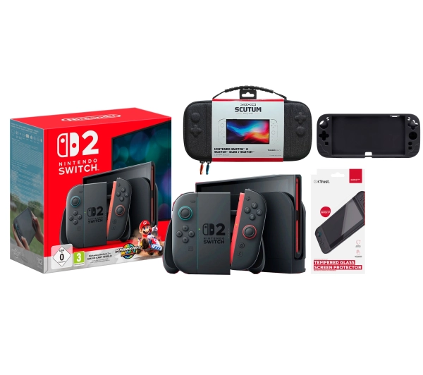 Konsola Nintendo Switch 2 Joy-Con Czarny + Mario Kart World + Etui Yaxo Scutum Techno + Szkło Trust GXT 1254 + Grip GXT 125
