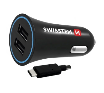 Ładowarka samochodowa Swissten 20110908 2xUSB, 2,4 A + USB/USB-C 1,2m Czarny