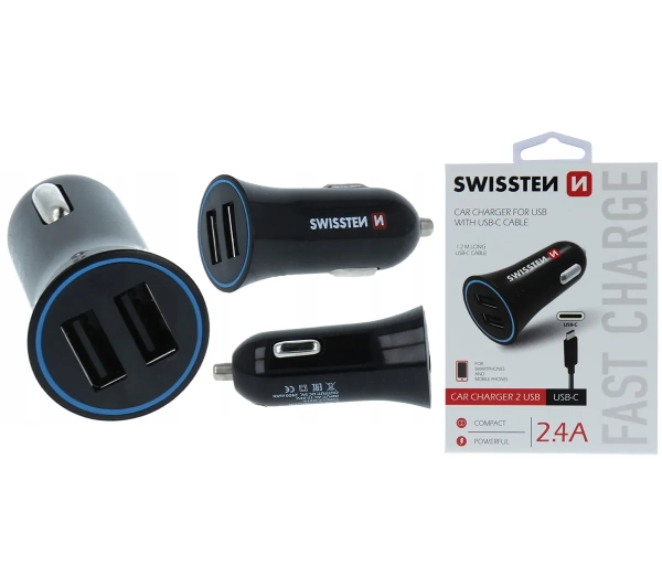 Swissten 20110908 2xUSB, 2,4 A + USB/USB-C 1,2m Czarny
