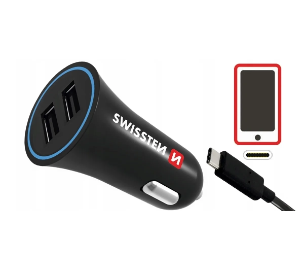 Swissten 20110908 2xUSB, 2,4 A + USB/USB-C 1,2m Czarny