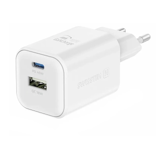 Ładowarka sieciowa Swissten 22071300 GaN 1x USB-C 45W PD 1x USB-A 18W QC Biały