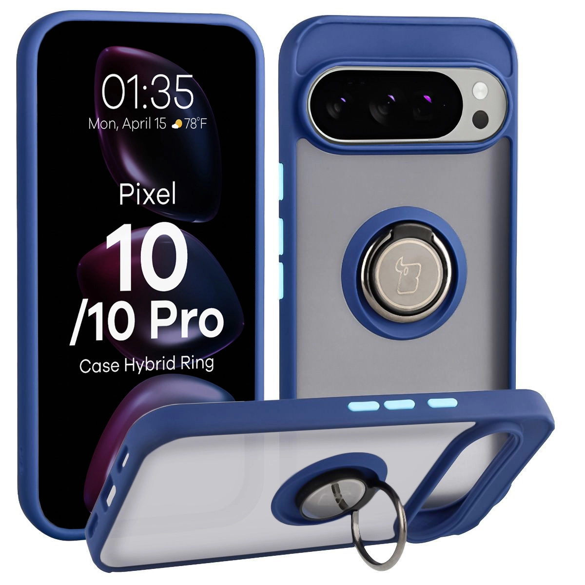 Etui Bizon z uchwytem na palec Hybrid Ring do Google Pixel 10 / Google Pixel 10 Pro Przydymione z granatową ramką