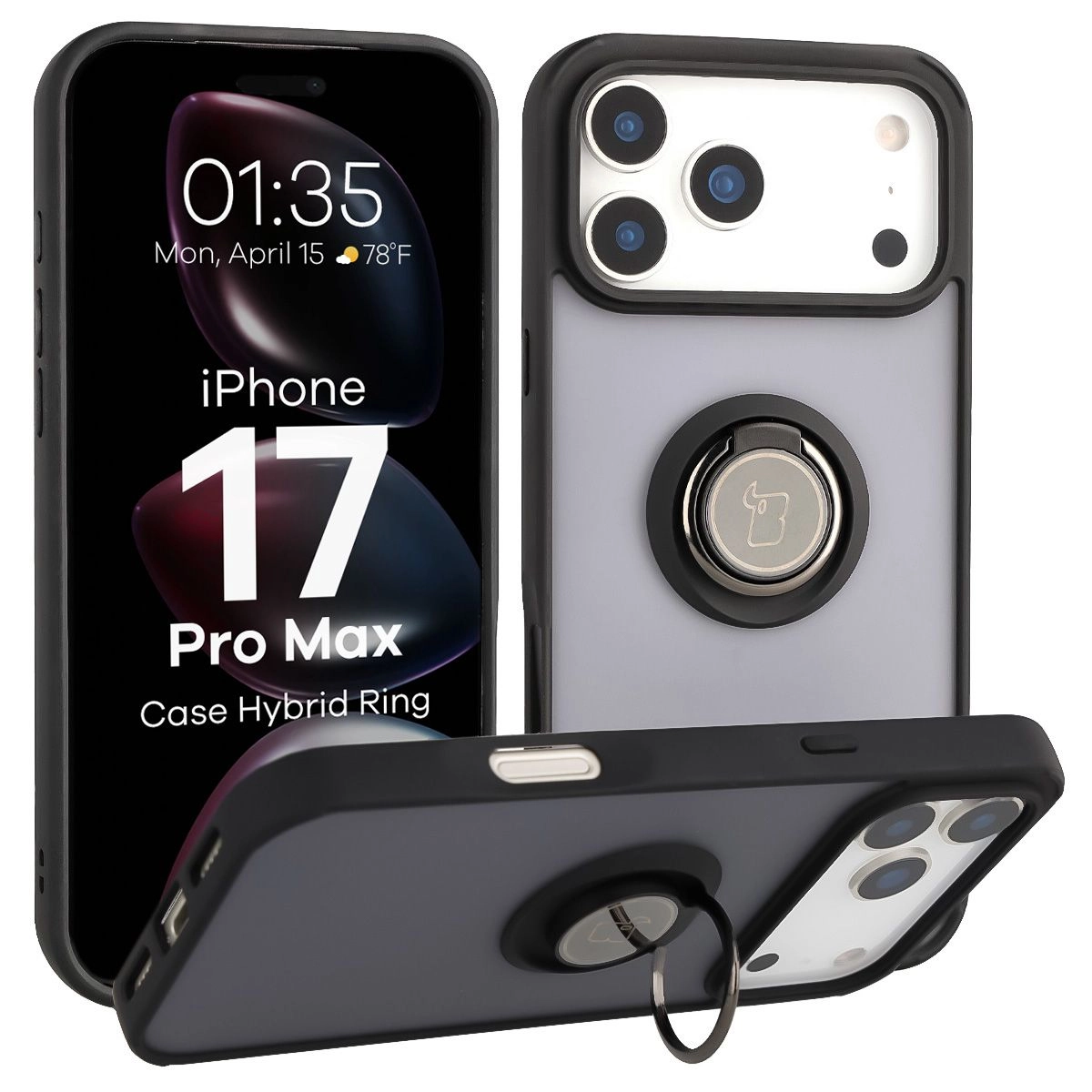 Etui Bizon z uchwytem na palec Hybrid Ring do Apple iPhone 17 Przydymione z Czarną ramką