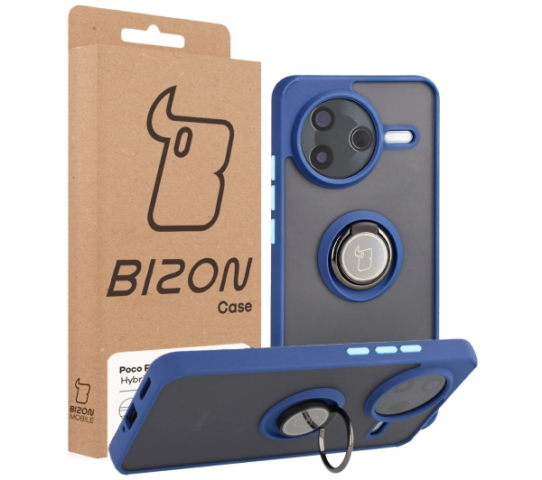 Bizon z uchwytem na palec Hybrid Ring do Xiaomi POCO F7 Pro Przydymione z niebieską ramką