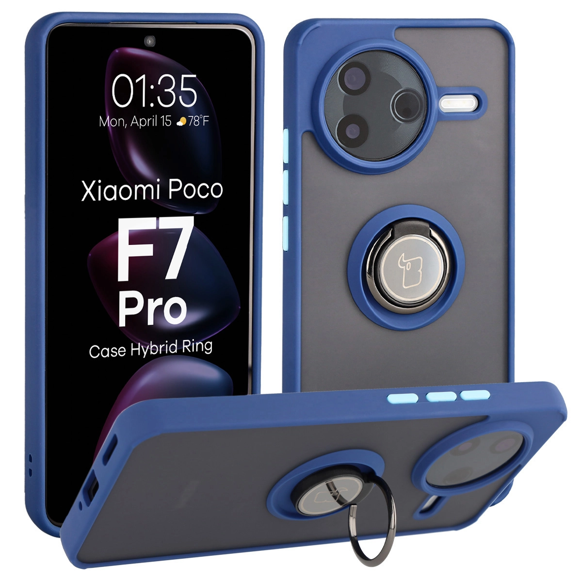 Etui Bizon z uchwytem na palec Hybrid Ring do Xiaomi POCO F7 Pro Przydymione z niebieską ramką