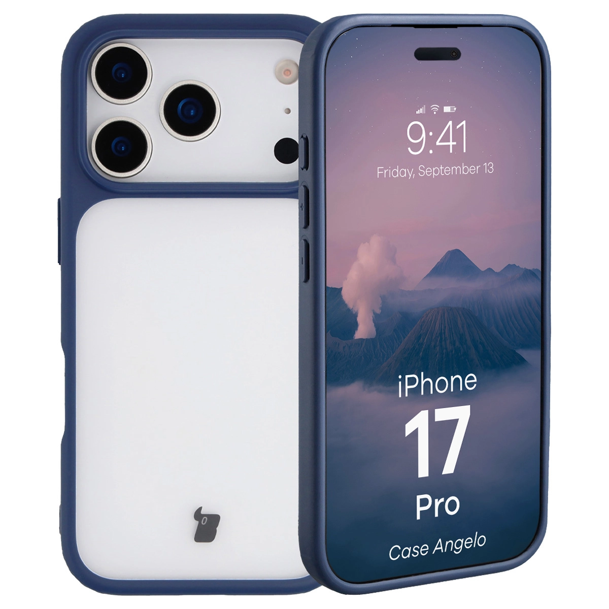 Etui Bizon Angelo do Apple iPhone 17 Pro z niebieską ramką