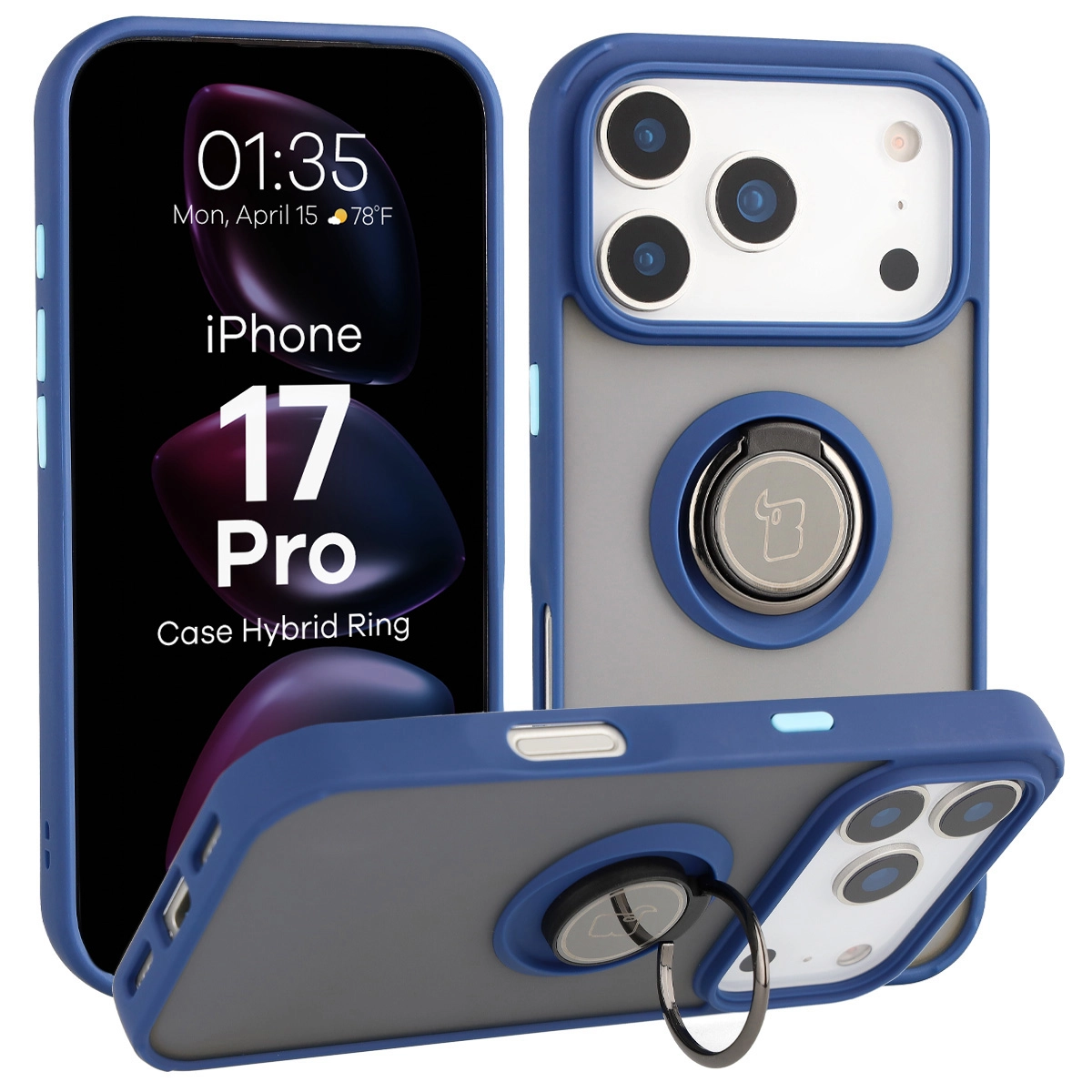 Etui Bizon z uchwytem na palec Hybrid Ring do Apple iPhone 17 Pro Przydymione z granatową ramką
