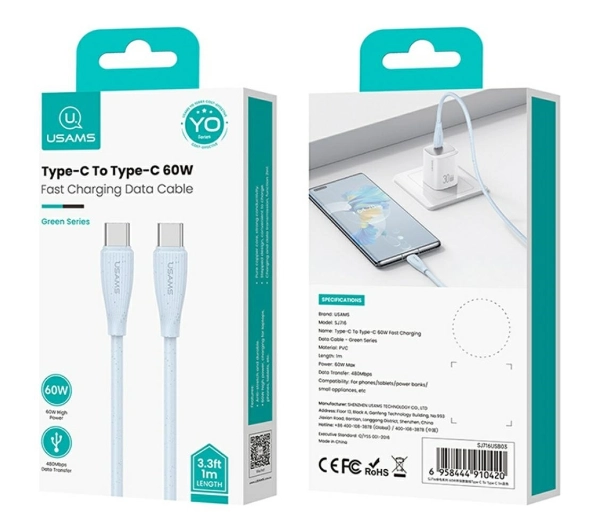 USAMS Green Series 60W USB-C do USB-C 1m Różowy