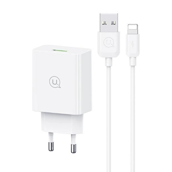 Ładowarka sieciowa USAMS SCXLTZ03 18W + kabel Lightning/USB-A Fast Charging Biały