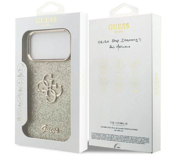 Guess Fixed Glitter Big 4G Metal Frame do iPhone 17 Pro Max złoty