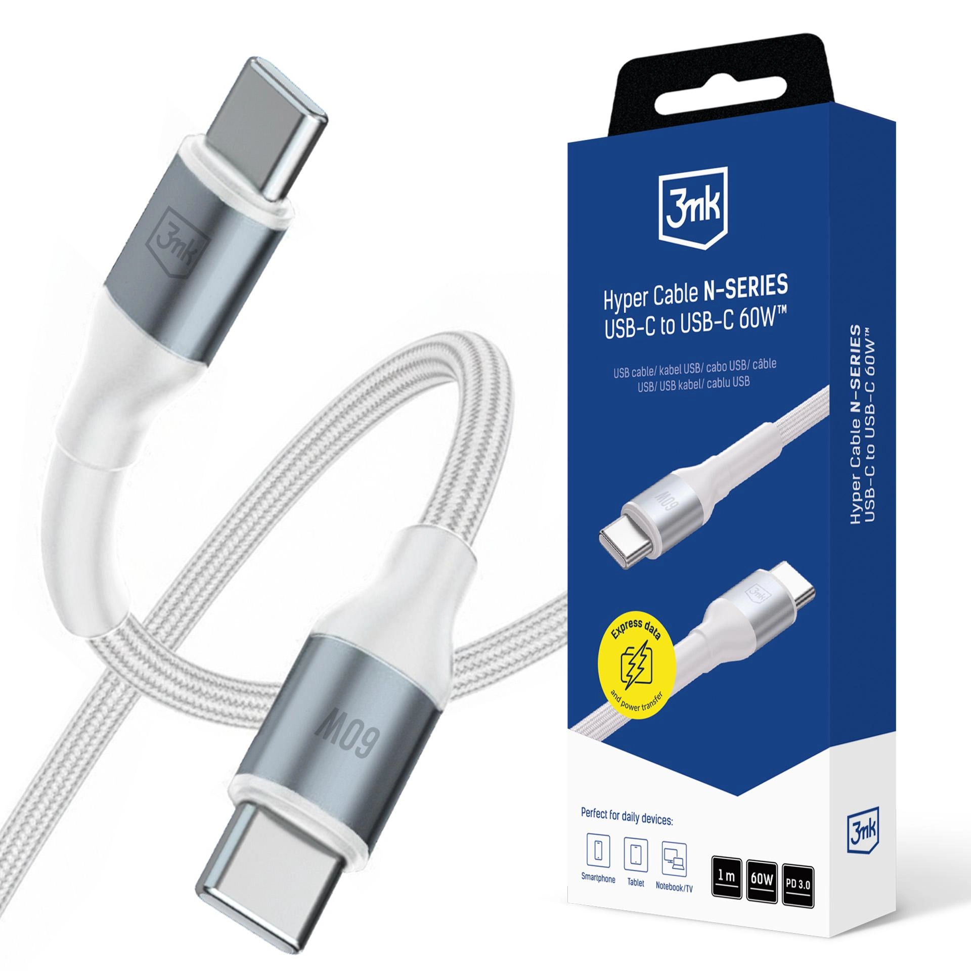 Kabel 3mk Hyper Cable N-SERIES USB-C do USB-C 1m 20V/3 A 60W Biały