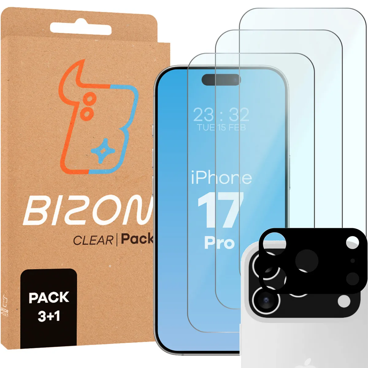 Zestaw ochronny Bizon 3x Szkło hartowane + szybka na aparat iPhone 17 Pro