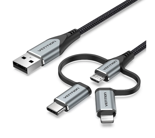 Vention 3w1 USB-A do microUSB/USB-C/Lightning 1m Biały