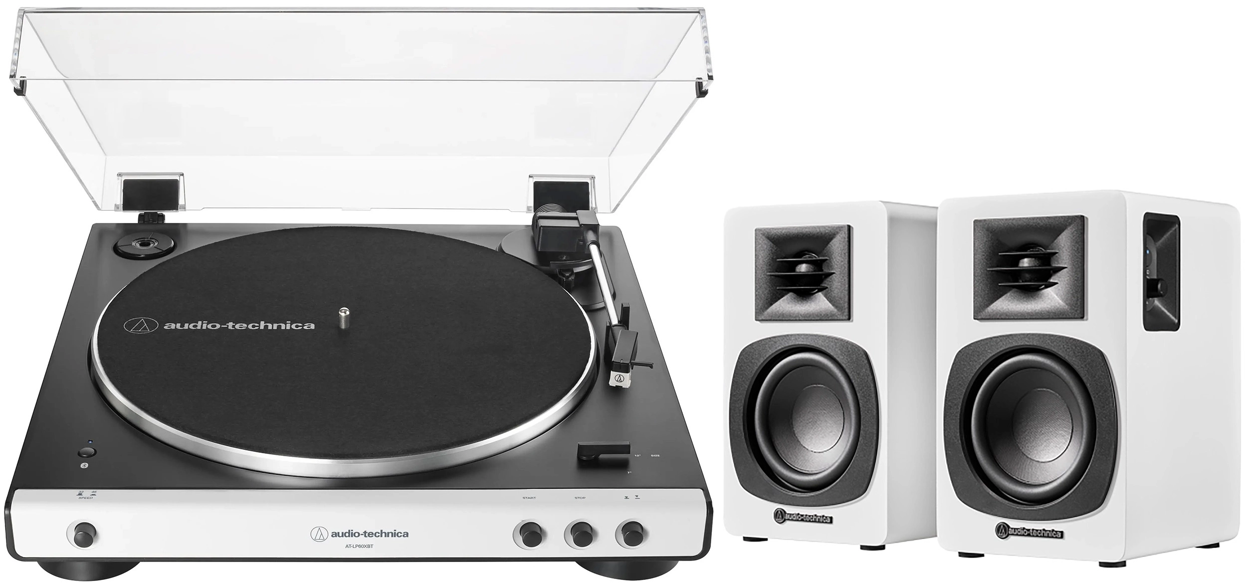 Gramofon Audio-Technica AT-LP60XBT Automatyczny Napęd paskowy Przedwzmacniacz Bluetooth + Kolumny AT-SP3X Biały