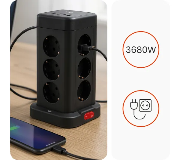 Huslog HUS1051 POWERTOWER 12 gniazd 1,8m Czarny