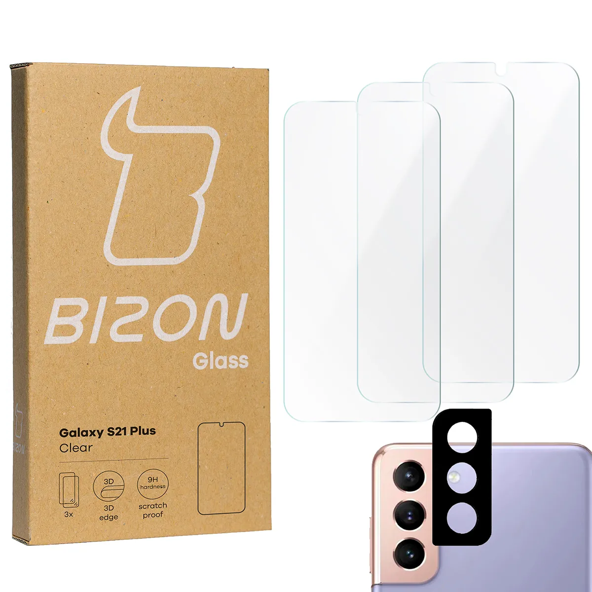 Zestaw ochronny Bizon 3x Szkło hartowane + szybka na aparat Glass Clear Pack do Samsung Galaxy S21 Plus