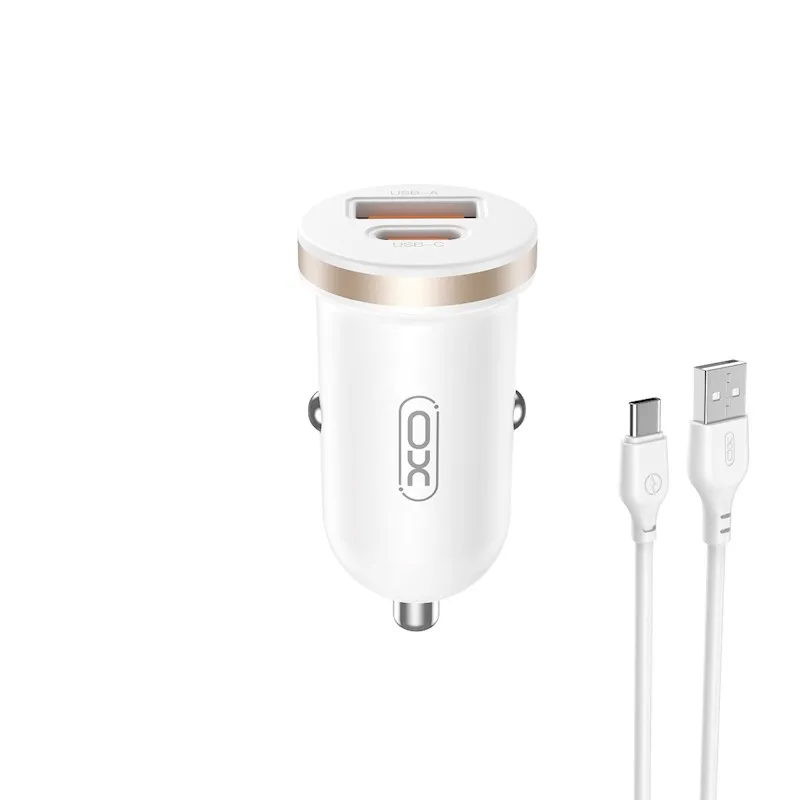 Ładowarka samochodowa XO CC56 USB-A USB-C 30W Biały + Kabel USB-A do USB-C