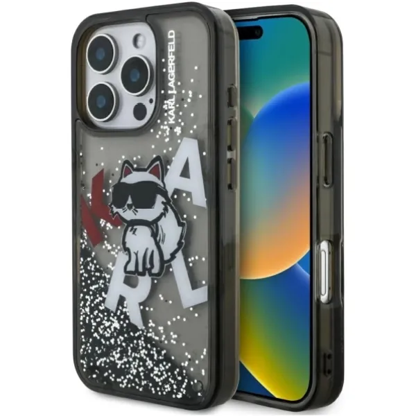 Etui Karl Lagerfeld Liquid Glitter Choupette Logo do iPhone 16 Pro Czarny