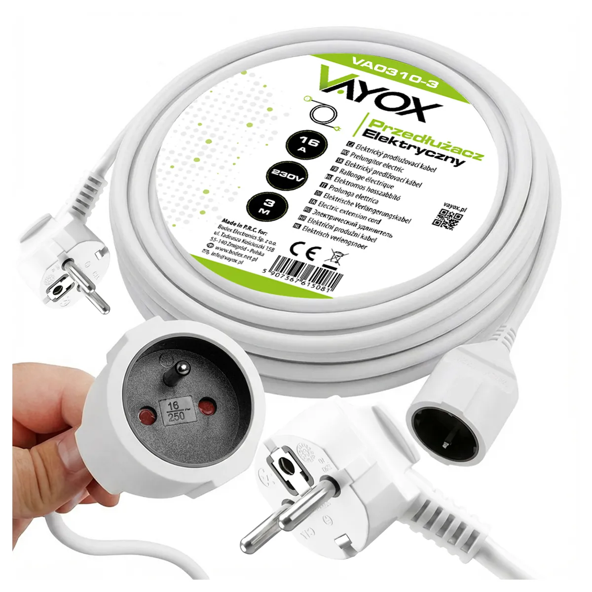 Przedłużacz Vayox VA0310-3 1 gniazdo 3m Biały