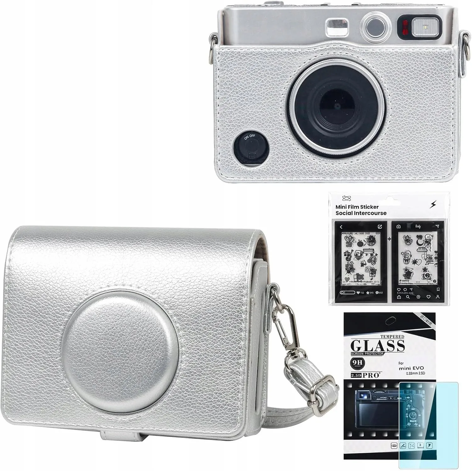 Zestaw LoveInstant LI00454 etui+szkło+naklejki do Instax Mini Evo Srebrny