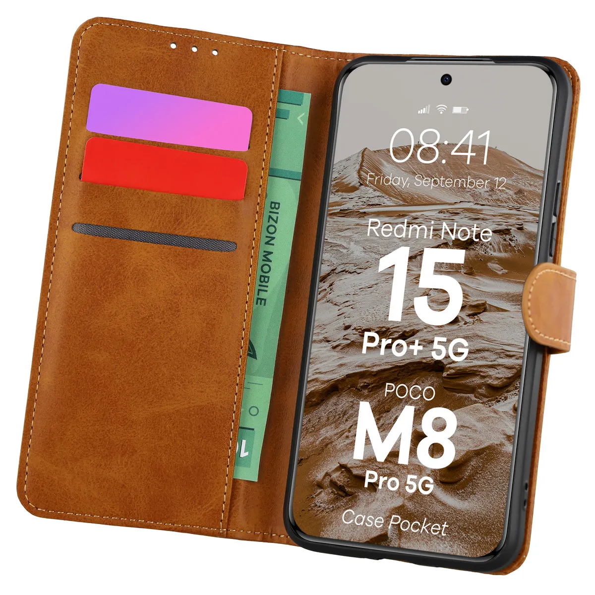Etui Bizon Case Pocket do Xiaomi Redmi Note 15 Pro Plus 5G / POCO M8 Pro 5G Brązowy