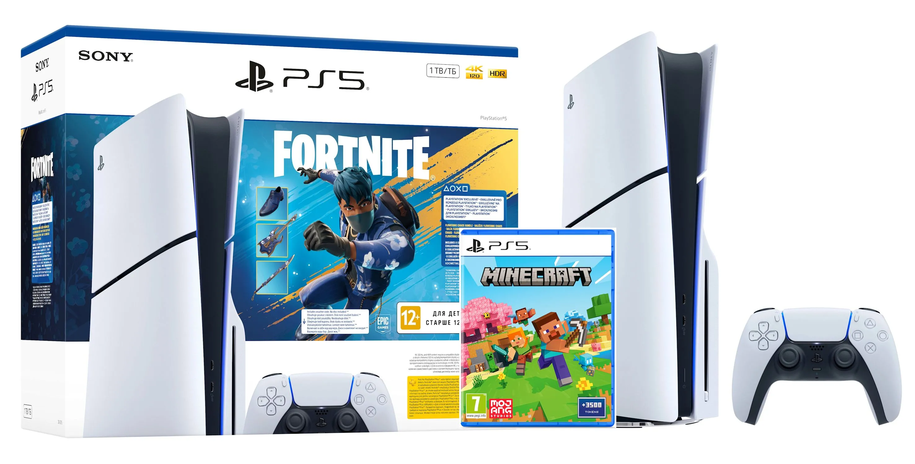 Konsola Sony PlayStation 5 Slim E Chassis (PS5) 1TB z napędem + Fortnite Pakiet Rozkwitający Chaos + Minecraft