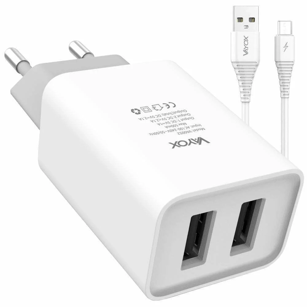 Ładowarka sieciowa Vayox VA0052micro 2x USB-A 2.1A Biały + kabel microUSB 1m
