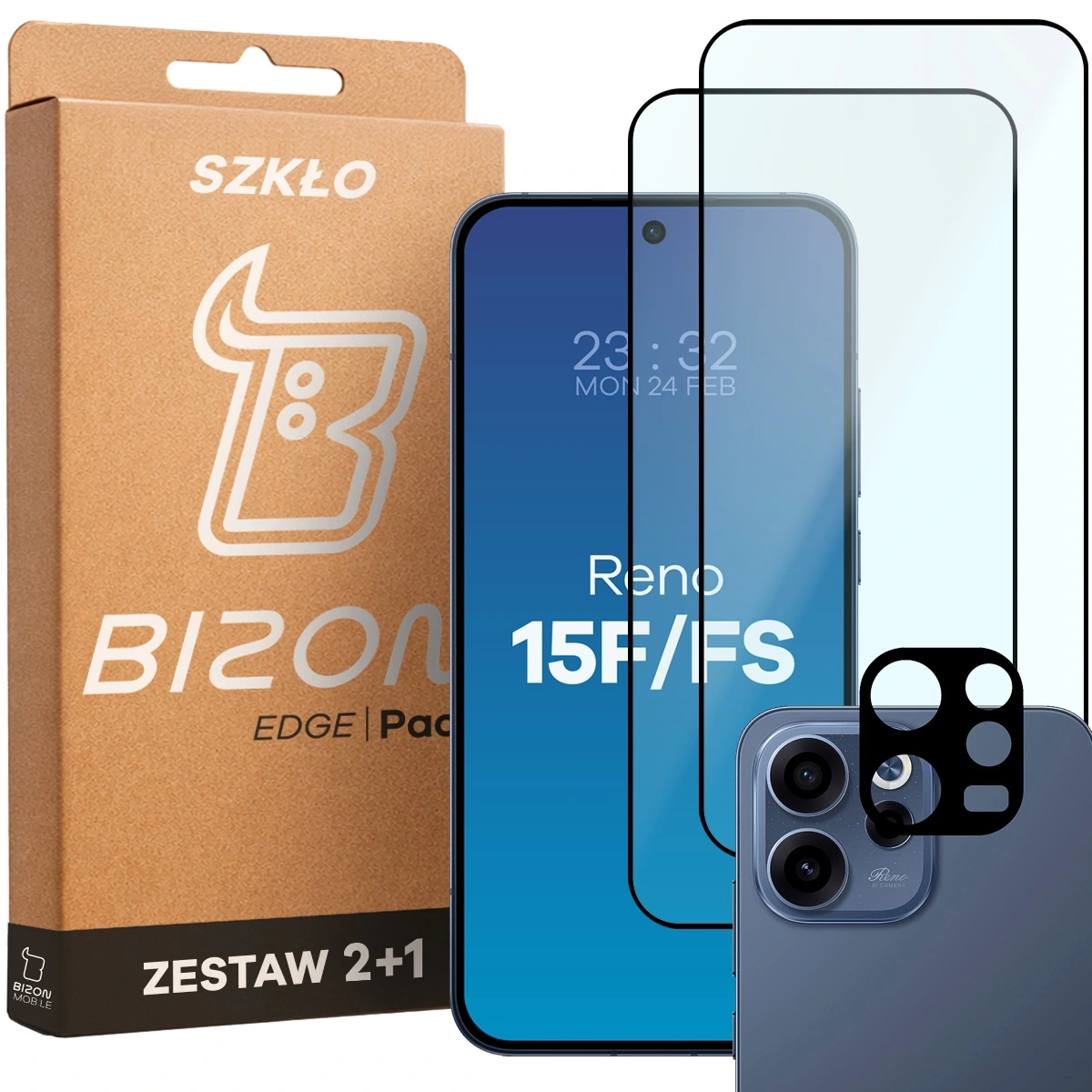 Zestaw ochronny Bizon Szkło + szybka na aparat Glass Edge Pack do Oppo Reno 15 F / FS 2 sztuki